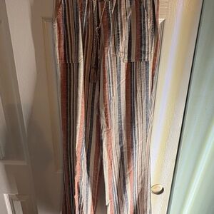 Striped Casual Paper Bag Pants in Rust, Navy & Cream